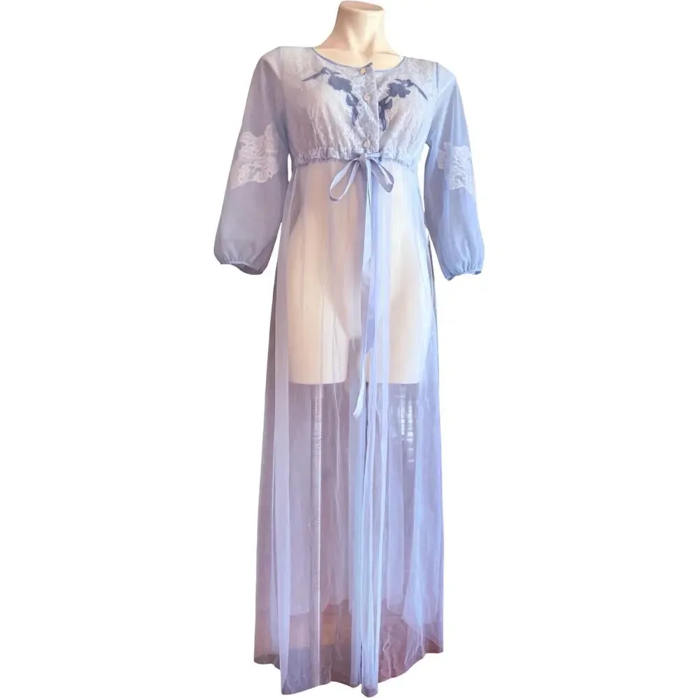 Movie Star Vintage 1970s Sheer Peignoir Robe Baby Blue Lace Floral Appliqué Sz S